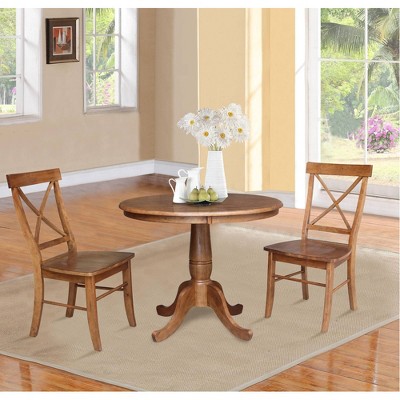 36" Distressed Oak Solid Wood Round Pedestal Table with 2 X-Back Chairs