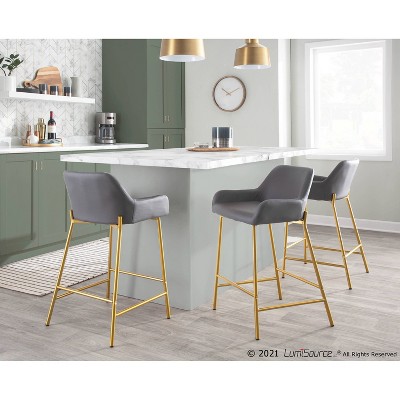 Set of 2 Gold Metal and Gray Faux Leather Counter Stools