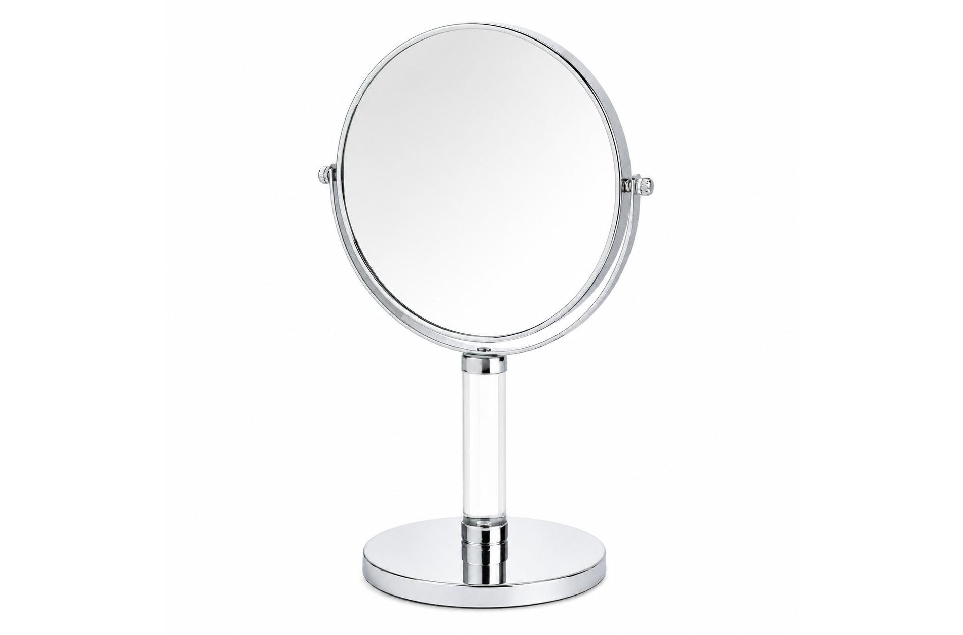 Trio Essentials Double-Sided Vanity Mirror, 1X & 3X Magnification, Acrylic Handle, 360° Swivel Tabletop Makeup Mirror, Freestanding Cosmetic Mirror