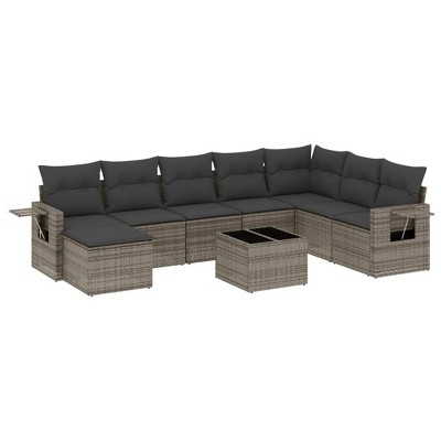 vidaXL 9 Piece Patio Sofa Set with Cushions Gray Poly Rattan - Without Table