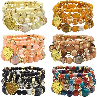 6 Sets Bohemian Stackable Stretch Bracelets Multi-color Boho Jewelry for Women with Various Charms