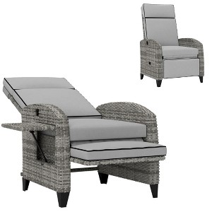 Outdoor Recliner Chair with Cushions, Reclining Patio Lounge Chair with Adjustable Footrest, Armrests, Tray Table - 1 of 4