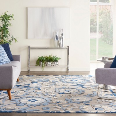 Blue and Grey Floral Flat Woven 9' x 12' Synthetic Area Rug