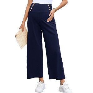 Maternity Pants Women's Smocked High Waisted Comfy Wide Leg Long Pants Pregnancy Casual Loose Yoga Lounge Sweatpants - 1 of 4