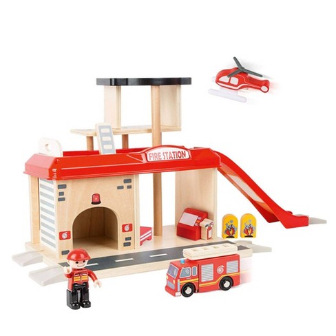Fire Station Playset Wooden Firehouse Truck Helicopter Fire Fighting Accessories 