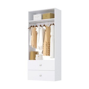 HOMLUX 2-Flat Drawer Custom Clothes Storage Tower w/Hang Rod & Compartment,White - 1 of 3
