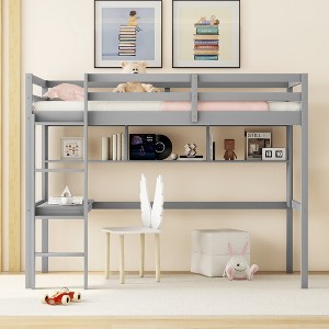 VASIP Twin Size Loft Bed with Built-in Desk & Shelves,Safety Guardrail & Secure Ladder, for Bedroom,Gray - 1 of 4