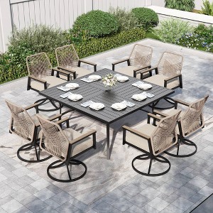 Captiva Designs 9pc Outdoor Slat-top Square Metal Dining Table and Thick Cushion Swivel Wicker Chairs - 1 of 4