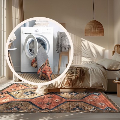Judy Rust and Brown Medallion Washable Synthetic Area Rug
