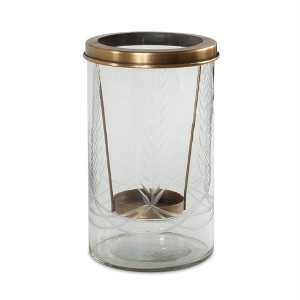 HomeRoots 9" Clear And Gold Botanical Leaf Glass And Metal Tabletop Hurricane Candle Holder - 1 of 4