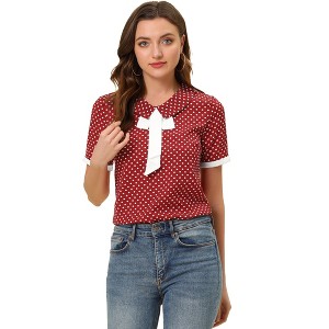 Allegra K Women's Polka Dots Flat Collar Contrast Tie Neck Short Sleeve Blouses - 1 of 4