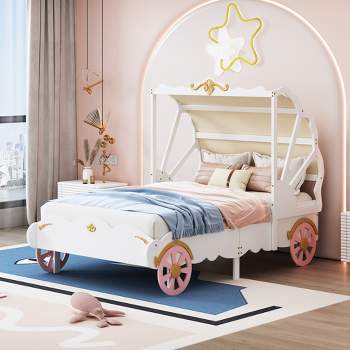 Full/Twin Size Princess Carriage Bed with Canopy, Wood Platform Bed with 3D Carving Pattern, White+Pink-ModernLuxe