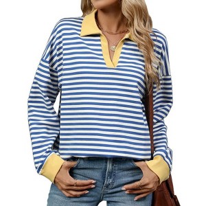 Coolmee Women's Striped Tops V Neck Color Block Sweatshirts Long Sleeve Shirts Loose Fit Outfits - 1 of 4