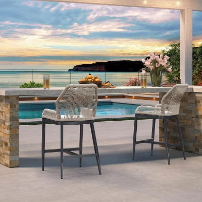 PURPLE LEAF 2 Pieces Bar Stools Patio Modern Rattan Barstools Aluminum Woven Tall Bar Chairs with Cushions for Outdoor Kitchen Island Garden