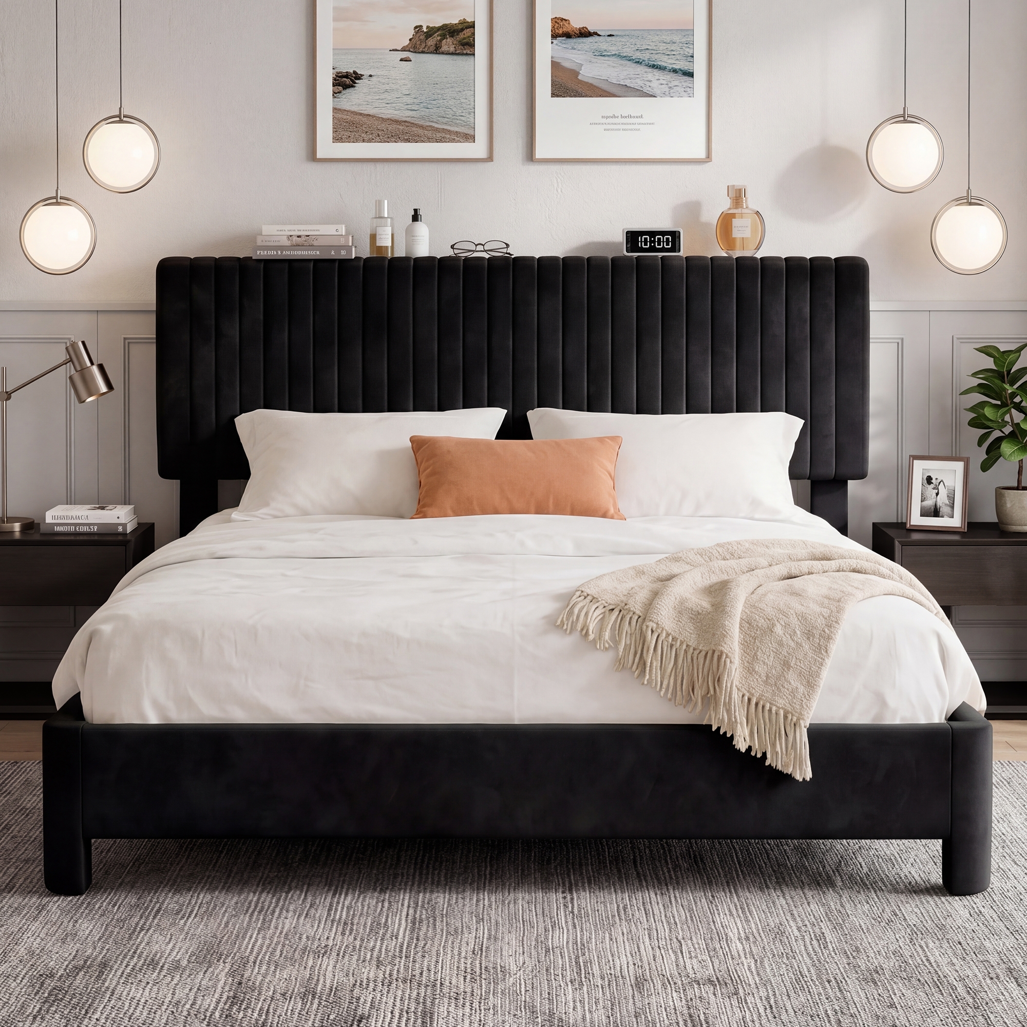 Dyonery Boucle Bed Frame Queen Size,Black Velvet Platform Bed with Headboard,Soft Rounded Corners,Wooden Slats,Easy Assembly,No Box Spring Needed