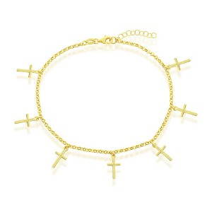 Bella Silver Sterling Silver, Cross Charms Rolo Chain Anklet - Gold Plated - Gold - 9+1 Inch - 1 of 3