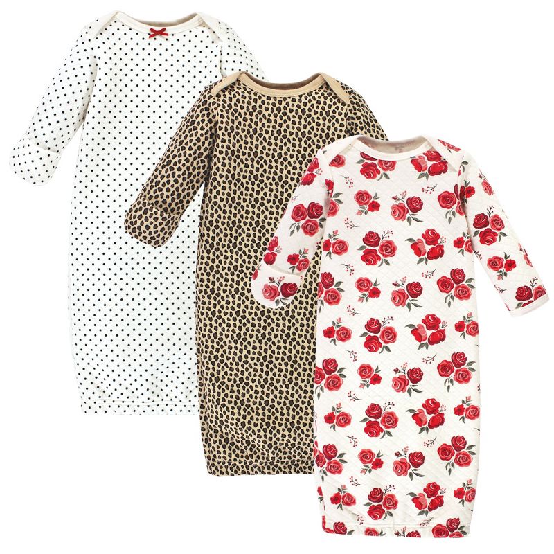 Hudson Baby Infant Girl Quilted Cotton Long-Sleeve Gowns 3pk, Rose Leopard, 0-6 Months, 1 of 4
