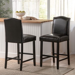 ORRD Bar Stools Set of 2, Upholstered Counter Height Stools with Rivet Trim, 26-Inch Seat, Square Shield Back, Sturdy Wood Legs with Footrest, Brown - 1 of 4