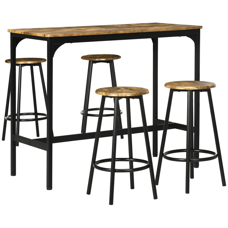 HOMCOM 5-Piece Counter Height Bar Table and Chairs Set, Rustic Bar Table with Stools, Kitchen Table 4 Chair Bar Table with Wooden Top, 4 of 7