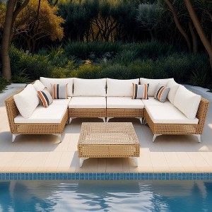 Nestfair 7pc Wicker Outdoor Patio Conversation Sofa Set with Cushions and Coffee Table Beige - 1 of 4