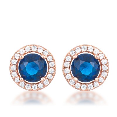 Slickblue Rose Goldtone Sapphire Blue CZ Earrings – Halo Design, Clear CZ Stones, Beautiful Jewelry for Women