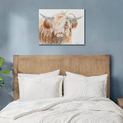 Hand Embellished Highland Bull Canvas Wall Art in Brown and White