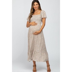 PinkBlush Ivory Floral Smocked Maternity Maxi Dress - 1 of 4
