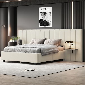 NicBex Queen Size Upholstered Platform Bed Frame with Oversized Velvet Headboard,Solid Wood Slats Support,No Box Spring Needed,Easy Assembly,Beige - 1 of 4