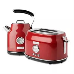 Haden Dorset Wide Slot Stainless Steel 2 Slice Retro Toaster & Dorset 1.7 Liter Stainless Steel Electric Water Kettle, Red
