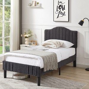 VECELO Bed Frame, Upholstered Platform Bed with Soft Teddy Fabric Adjustable Headboard, Beige/Gray - 1 of 4
