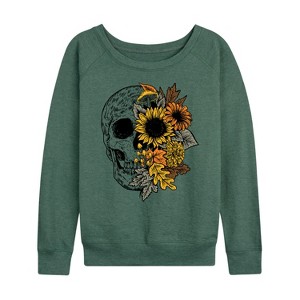 Women's - Instant Message - Skull With Fall Foliage Lightweight French Terry Wide Neck Long Sleeve Shirt - 1 of 4