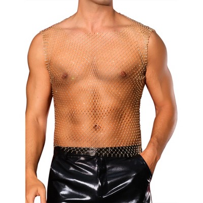 INSPIRE CHIC Men's Festival Fishnet Sheer Sparkly Rhinestone Tank Tops