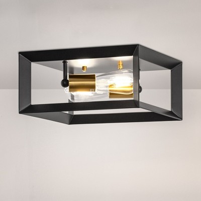 YANSUN 11.41 in. 2-Light Black and Gold Farmhouse Caged Square Flush Mount Industrial Vintage Ceiling Lighting