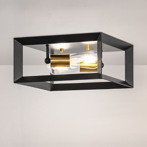 YANSUN 11.41 in. 2-Light Black and Gold Farmhouse Caged Square Flush Mount Industrial Vintage Ceiling Lighting - 1 of 1