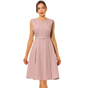 INSPIRE CHIC Women's Round Neck Sleeveless Zip Front Belted Fit Flare Work Dresses - 1 of 4