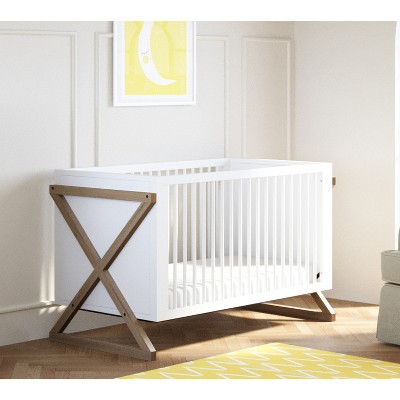 White and Driftwood 3-in-1 Convertible Baby Crib with Adjustable Mattress Support