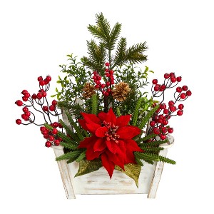 Nearly Natural 18-in Poinsettia, Succulent and Berry Artificial Arrangement in Bench Planter - 1 of 4