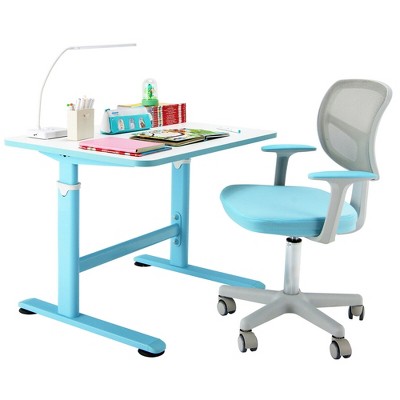 Costway Height Adjustable Kids Desk & Chair Set Study Desk Chair w/Sit-brake Caster Blue