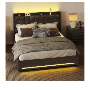 King Size Velvet Upholstered Platform Bed Frame with 4 Drawers and RGB LED Lights with Charging Station and Storage Headboard - 1 of 4