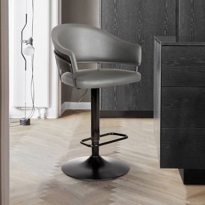 Gray Faux Leather Adjustable Swivel Barstool with Black Metal Base