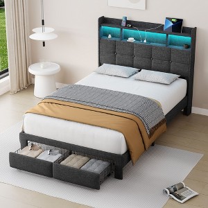 NicBex Full/Queen/King Upholstered Bed Frame with Storage Headboard and 2 Drawers,Platform Bed Frame with LED Light,Charging Station,Easy Assembly - 1 of 4