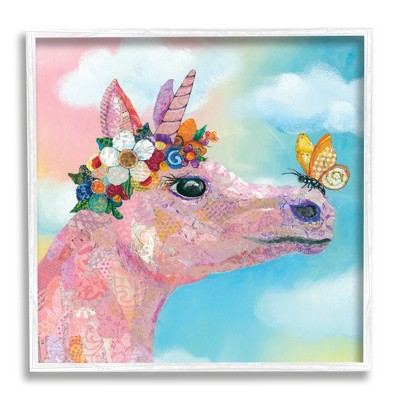 Stupell Industries Butterfly Kisses Pink Fantasy Unicorn Flower Blossoms Framed Giclee Art