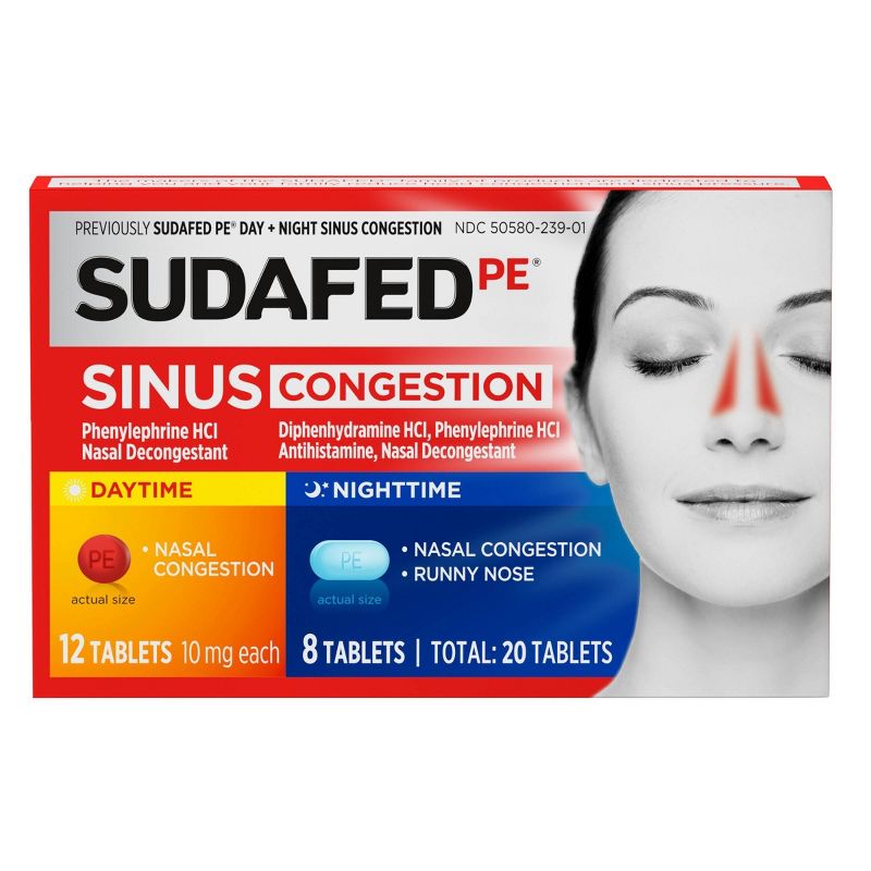 Sudafed PE Day + Night Maximum Strength Sinus Decongestant Tablets - 20ct, 1 of 8