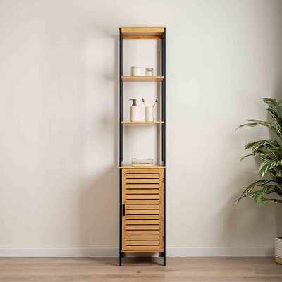 Evideco French Home Goods Cebu Elegant 13.4"W x 11.13"D x 68"H Bamboo Linen Storage Tower - Contemporary Black Bathroom Tall Organizer