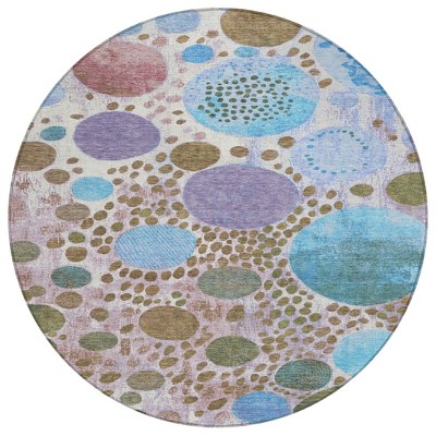 HomeRoots 8' Khaki Blue And Purple Round Geometric Washable Indoor Outdoor Area Rug