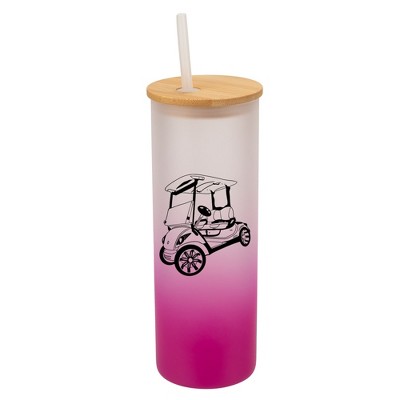 Elanze Designs Rolling Golf Cart Pink Frosted Gradient Glass Tumbler with Bamboo Lid & Straw 25 ounce Reusable Iced Coffee or Water Cup