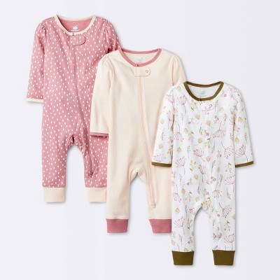 Baby Girls' 3pk Prairie Floral Zip-Up Romper - Cloud Island™ Pink 0-3M