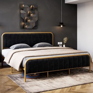 Velvet Upholstered Bed Frame with Headboard - 1 of 4