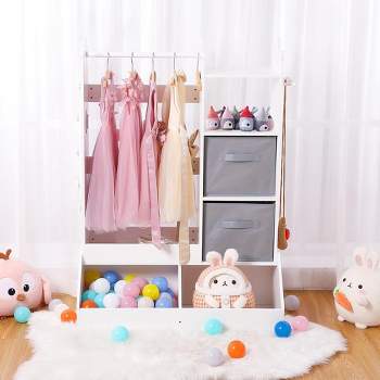 Kid Clothes Hanger with Lighted Mirror Girl Dress-Up Storage Armoire Clothing Rack and Storage Bin