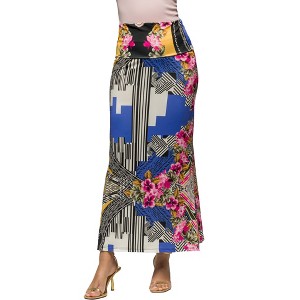 24seven Comfort Apparel Womens Multicolor Floral Print Foldover Waist Maxi Skirt - 1 of 4